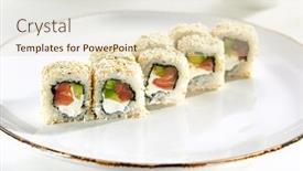  Presentation with roll - Colorful slides enhanced with maki sushi - roll with smoked salmon cream cheese and avocado inside sesame outside backdrop and a lemonade colored foreground