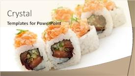  Presentation with salmon spicy - Cool new PPT theme with maki sushi - roll with tomato cucumber and salad leaf inside topped with sliced spicy salmon backdrop and a blonde colored foreground