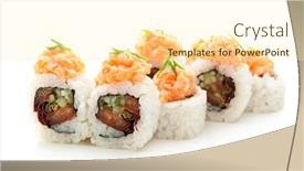  Presentation with salmon spicy - Amazing presentation design having maki sushi - roll with tomato cucumber and salad leaf inside topped with sliced spicy salmon backdrop and a cream colored foreground