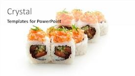  Presentation with salmon spicy - Cool new theme with maki sushi - roll with tomato cucumber and salad leaf inside topped with sliced spicy salmon backdrop and a white colored foreground