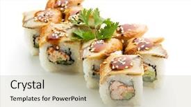  Presentation with crab - Beautiful slides featuring maki sushi with crab meat - roll made of crab meat cucumber and tobiko inside topped with eel backdrop and a mint green colored foreground