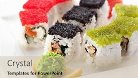  Presentation with tuna - Slide deck enhanced with maki sushi with fresh salmon eel and tuna inside topped with tobiko background and a soft green colored foreground