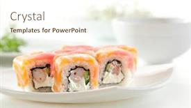  Presentation with cucumber cream - Slide deck consisting of maki sushi with shrimp cream cheese and cucumber inside salmon and tuna outside background and a cream colored foreground