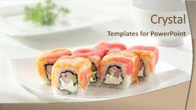  Presentation with cucumber cream - Audience pleasing PPT theme consisting of maki sushi with shrimp cream cheese and cucumber inside salmon and tuna outside backdrop and a sky blue colored foreground
