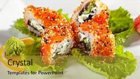  Presentation with cucumber cream - Beautiful PPT theme featuring maki sushi with smoked eel fresh cucumber salad leaf cream cheese and prawn inside tobiko flying fish roe and sesame outside backdrop and a yellow colored foreground