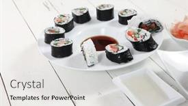  Presentation with japan sushi - Presentation design featuring maki uramaki and onigiri sushi rolls with ginger and japan vinegar and sticks on plates over white wooden table background and a white colored foreground