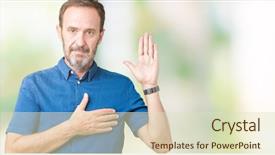  Presentation with hand palm - Colorful presentation design enhanced with men honor - handsome middle age elegant senior backdrop and a soft green colored foreground