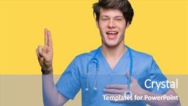  Presentation with medical robot hand and doctor - Colorful slide set enhanced with young doctor wearing medical uniform backdrop and a teal colored foreground