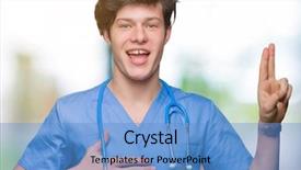  Presentation with medical hand - Colorful presentation design enhanced with young doctor wearing medical uniform backdrop and a teal colored foreground