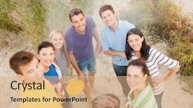  Presentation with summer holiday move - PPT theme consisting of making barbecue on the beach background and a coral colored foreground