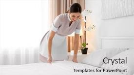  Presentation with bed hotel - Audience pleasing PPT layouts consisting of making bed in light hotel backdrop and a light gray colored foreground