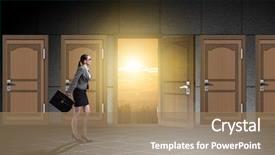  Presentation with open door policy health care - PPT layouts featuring making choices - businesswoman walking towards open door background and a coral colored foreground