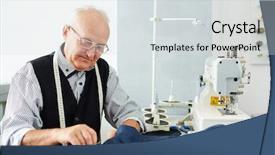  Presentation with old man - Presentation theme featuring making clothes at sewing machine background and a light gray colored foreground