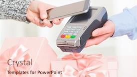  Presentation with contactless - Amazing slide deck having making contactless payment for a gifts with smart phone over payment terminal at shop backdrop and a lemonade colored foreground