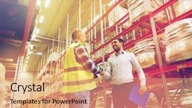  Presentation with export - PPT theme having making deal at warehouse background and a coral colored foreground