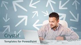  Presentation with different - Audience pleasing PPT layouts consisting of making difference - business person sitting at desk backdrop and a light blue colored foreground