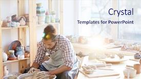  Presentation with craftsman - Slide deck with making earthenware on pottery wheel background and a sky blue colored foreground