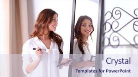  Presentation with beautiful young woman getting face - Beautiful theme featuring making make-up near mirror backdrop and a sky blue colored foreground