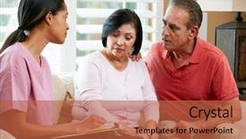  Presentation with senior couple - Presentation theme enhanced with making notes during home visit background and a red colored foreground