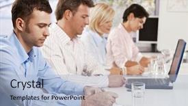  Presentation with hands down - Presentation theme having making notes on business meeting background and a light blue colored foreground