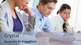  Presentation with focus group hands taking notes - Beautiful slide deck featuring pencils testing - portrait of group of students backdrop and a light blue colored foreground