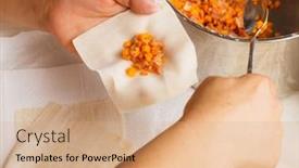  Presentation with dumpling - Audience pleasing theme consisting of making-of-chinese-dumpling backdrop and a coral colored foreground