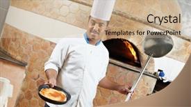  Presentation with hotel kitchen - PPT theme consisting of making pizza at hotel restaurant background and a coral colored foreground