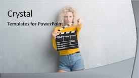  Presentation with open bible over grunge sandstone - Presentation enhanced with making point - young blonde woman over grunge background and a light gray colored foreground