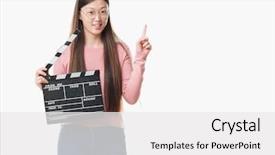  Presentation with clapper - Beautiful presentation theme featuring making point - young chinese woman over isolated backdrop and a white colored foreground
