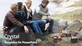  Presentation with campsite - PPT theme having making remote - friends looking at man grinding background and a dark gray colored foreground