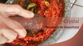  Presentation with flavor - Colorful PPT theme enhanced with making sambal special chili food in indonesia to eat together with another meal to add hot and spice flavor all the ingredient crushed using stone pestle on stone mortar backdrop and a red colored foreground
