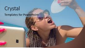  Presentation with female and beach - Theme enhanced with making selfie on a remote background and a  colored foreground