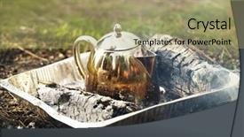  Presentation with campfire - Amazing PPT theme having summer camp old pot - making tea or coffee backdrop and a mint green colored foreground