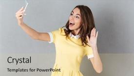  Presentation with selfie - Presentation theme enhanced with making waves - happy young girl waving hand background and a blonde colored foreground