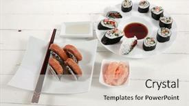  Presentation with japan sushi - Slide set consisting of makis - maki uramaki and onigiri sushi background and a light gray colored foreground