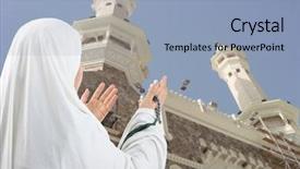  Presentation with pilgrim - Audience pleasing PPT theme consisting of makka - young woman muslim pilgrim backdrop and a light blue colored foreground