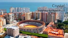  Presentation with mediterranean - Beautiful PPT layouts featuring malaga-spain-skyline-towards backdrop and a light blue colored foreground