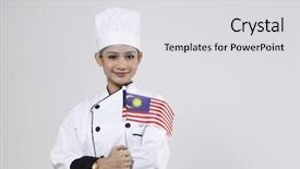  Presentation with malaysia flag - Cool new presentation theme with malay chef holding small malaysia backdrop and a light gray colored foreground