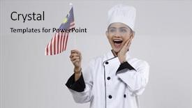  Presentation with malaysia flag - Colorful PPT theme enhanced with malay chef holding small malaysia backdrop and a light gray colored foreground