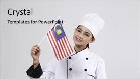  Presentation with patriotic malaysia flag - Audience pleasing presentation theme consisting of malay chef holding small malaysia backdrop and a light gray colored foreground