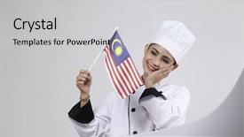  Presentation with patriotic malaysia flag - Cool new slide set with malay chef holding small malaysia backdrop and a light gray colored foreground