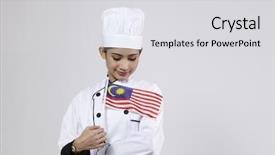  Presentation with patriotic malaysia flag - Presentation consisting of malay chef holding small malaysia background and a light gray colored foreground