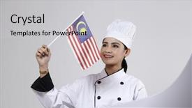  Presentation with malaysia flag - Beautiful presentation design featuring malay chef holding small malaysia backdrop and a light gray colored foreground
