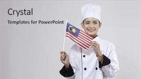  Presentation with malaysia flag - Presentation theme with malay chef holding small malaysia background and a light gray colored foreground
