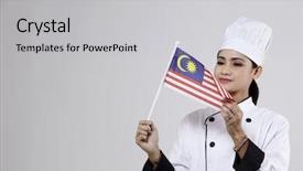  Presentation with malaysia flag - Presentation featuring malay chef holding small malaysia background and a light gray colored foreground