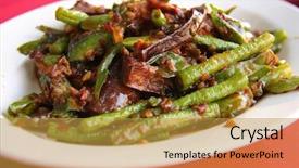  Presentation with malaysian traditional dress - Slides consisting of malay food - assorted stirfried vegetables in spicy background and a gold colored foreground