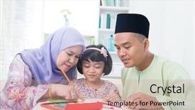  Presentation with muslim family - Theme having malay house - muslim family drawing picture background and a coral colored foreground
