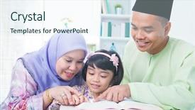  Presentation with family reading - PPT theme with malay house - muslim family reading book background and a sky blue colored foreground