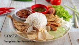  Presentation with food fish - Slide set enhanced with malay or indonesian local food background and a coral colored foreground