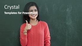  Presentation with young sing woman singing young - Slide deck with malay woman teacher with thumb's up in front of the blackboard background and a dark gray colored foreground